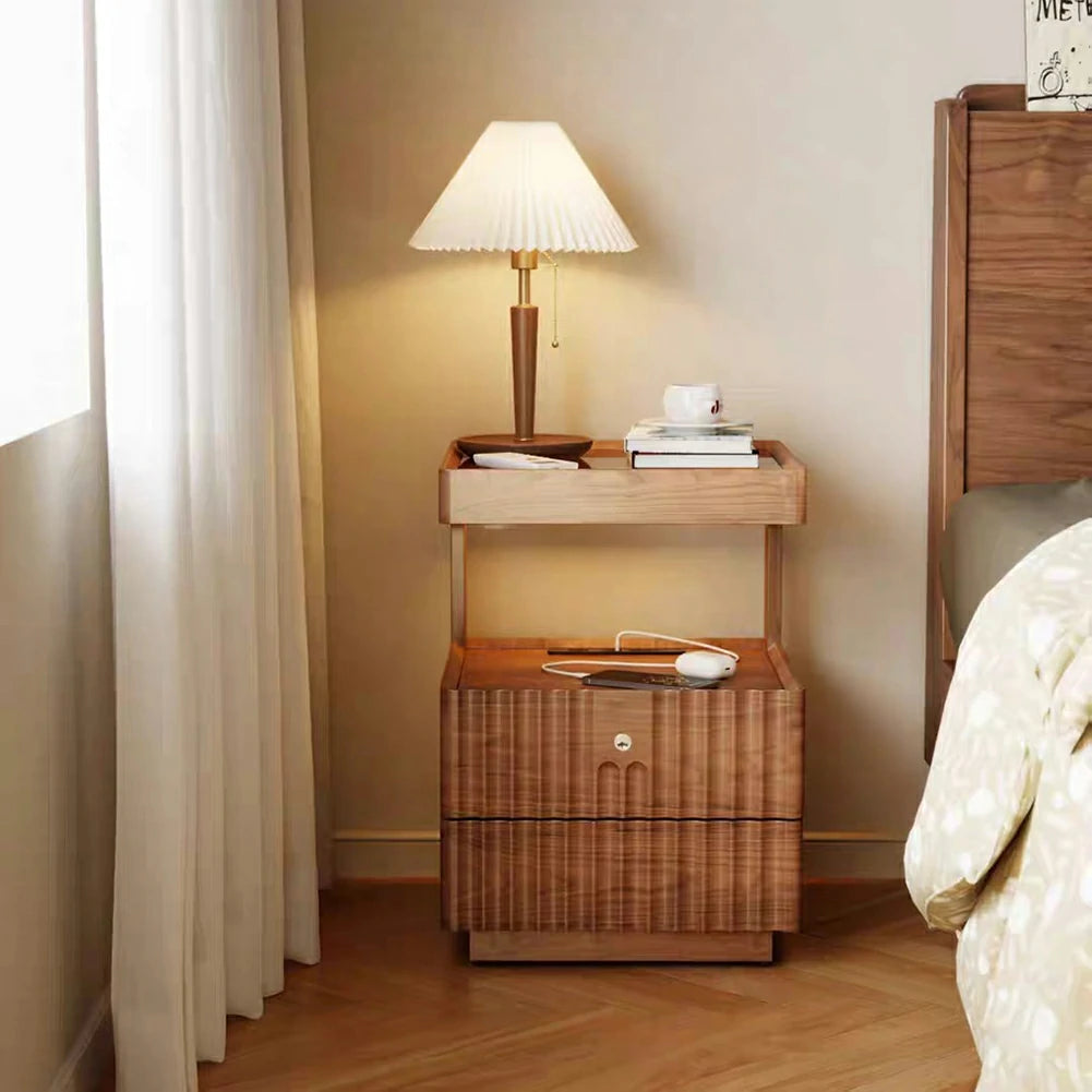 LIVARA Wooden Bedside Table - Lockable Drawer with Motion Sensor LED Light, 40cm Storage Nightstand for Bedroom - Natural Wood