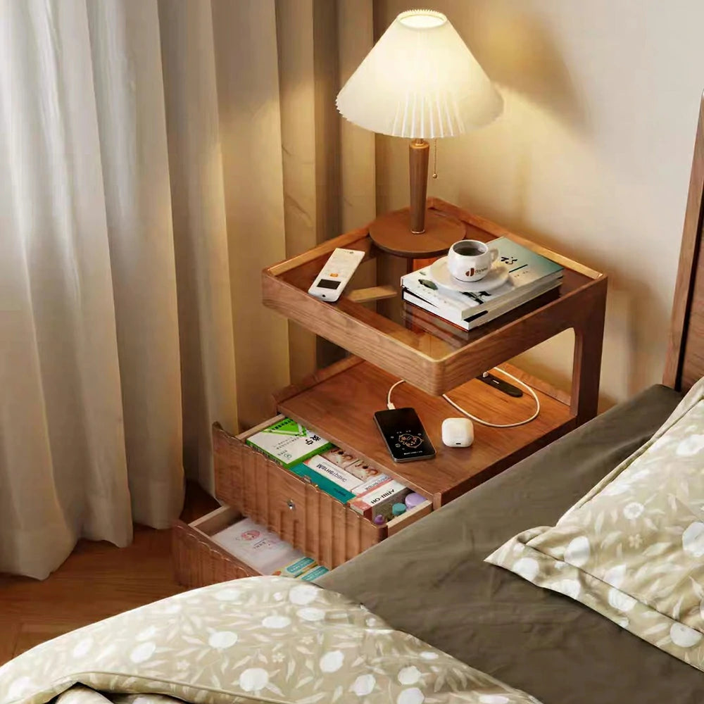 LIVARA Wooden Bedside Table - Lockable Drawer with Motion Sensor LED Light, 40cm Storage Nightstand for Bedroom - Natural Wood