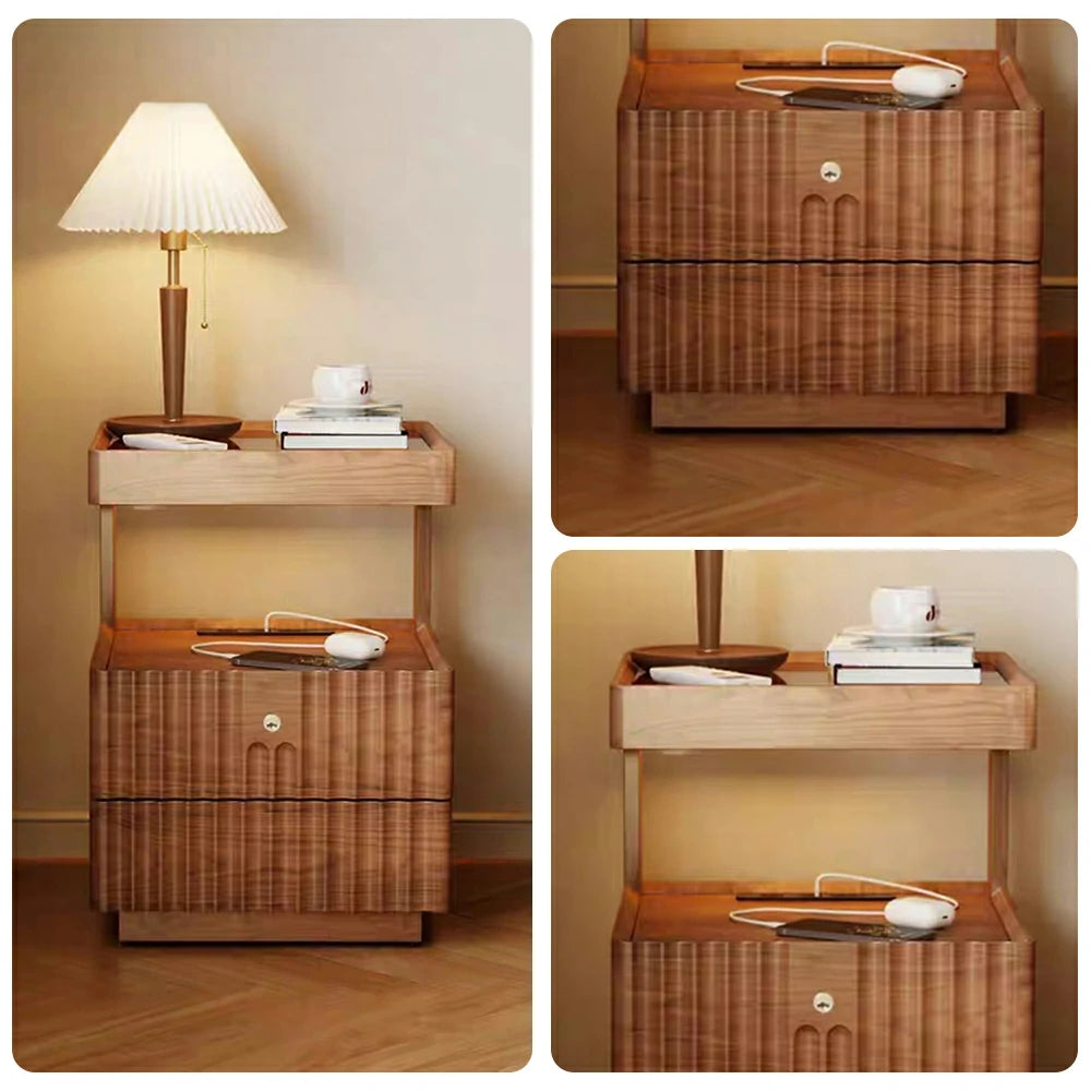 LIVARA Wooden Bedside Table - Lockable Drawer with Motion Sensor LED Light, 40cm Storage Nightstand for Bedroom - Natural Wood