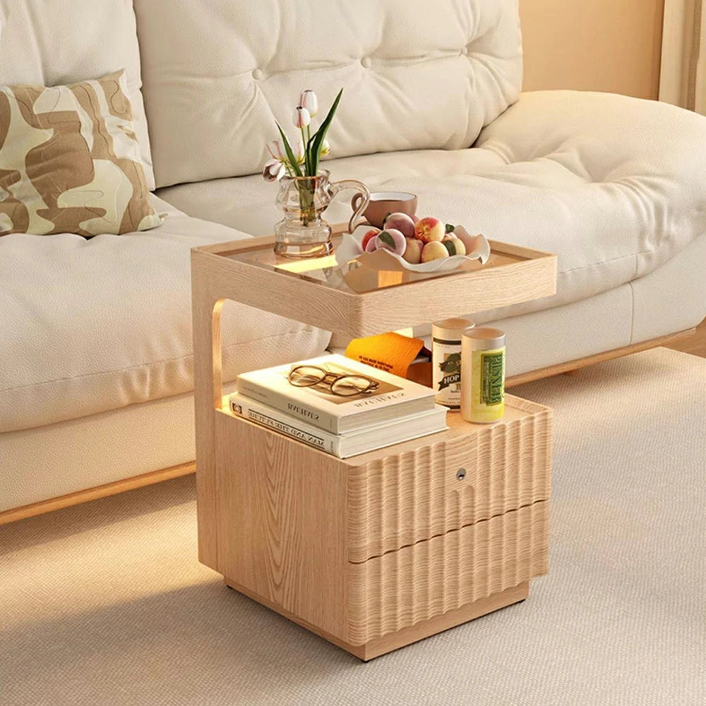 LIVARA Wooden Bedside Table - Lockable Drawer with Motion Sensor LED Light, 40cm Storage Nightstand for Bedroom - Natural Wood