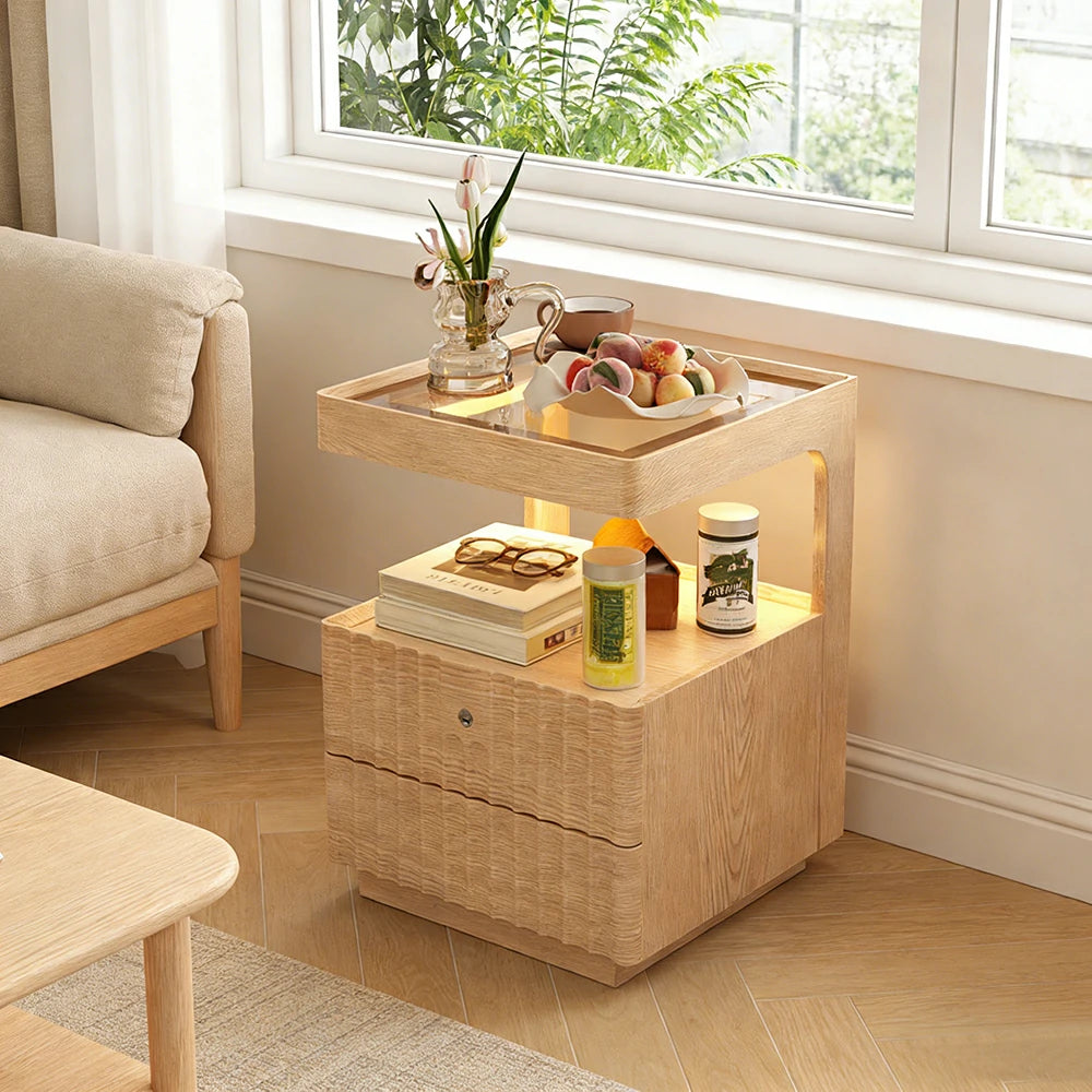 LIVARA Wooden Bedside Table - Lockable Drawer with Motion Sensor LED Light, 40cm Storage Nightstand for Bedroom - Natural Wood