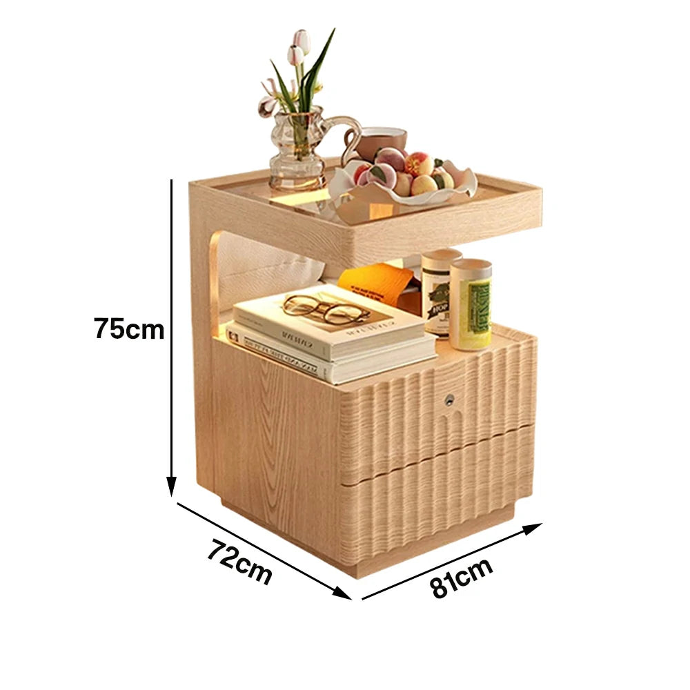 LIVARA Wooden Bedside Table - Lockable Drawer with Motion Sensor LED Light, 40cm Storage Nightstand for Bedroom - Natural Wood