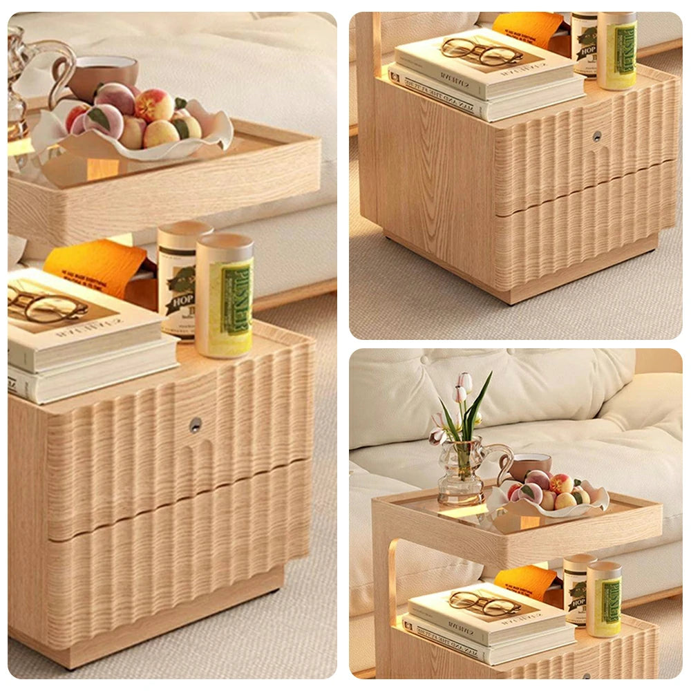 LIVARA Wooden Bedside Table - Lockable Drawer with Motion Sensor LED Light, 40cm Storage Nightstand for Bedroom - Natural Wood