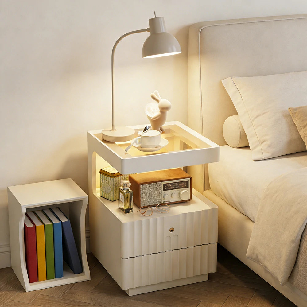 LIVARA Wooden Bedside Table - Lockable Drawer with Motion Sensor LED Light, 40cm Storage Nightstand for Bedroom - White