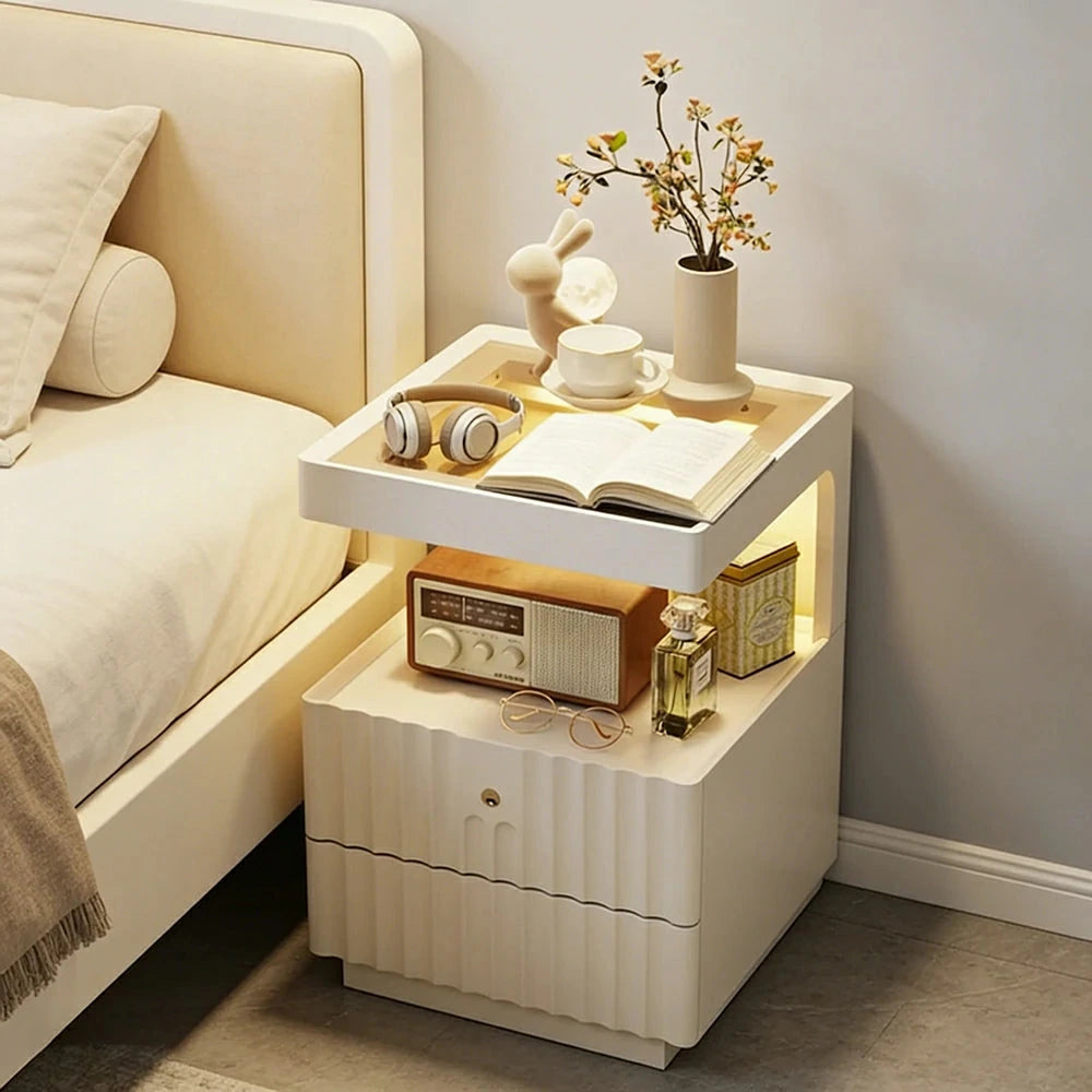 LIVARA Wooden Bedside Table - Lockable Drawer with Motion Sensor LED Light, 40cm Storage Nightstand for Bedroom - White