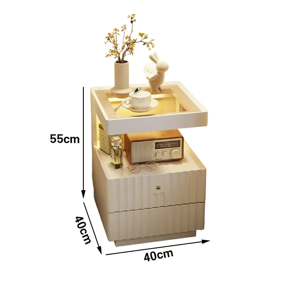 LIVARA Wooden Bedside Table - Lockable Drawer with Motion Sensor LED Light, 40cm Storage Nightstand for Bedroom - White