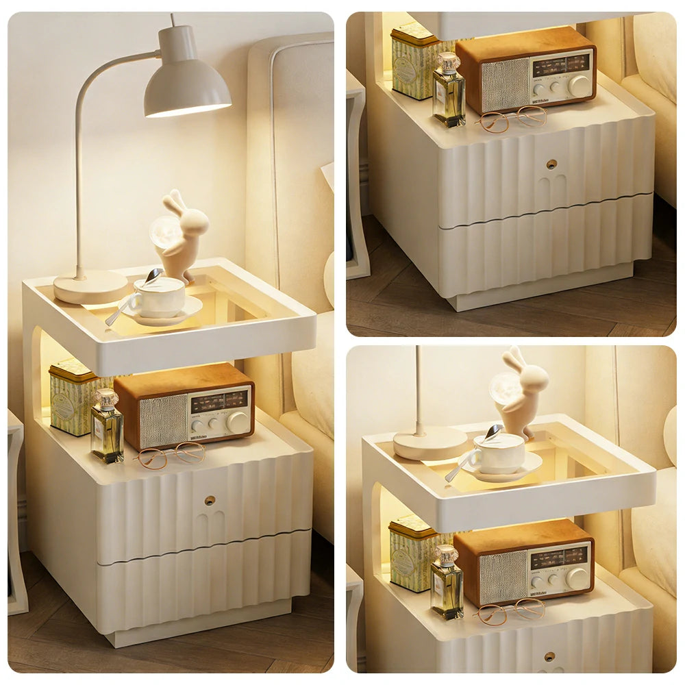 LIVARA Wooden Bedside Table - Lockable Drawer with Motion Sensor LED Light, 40cm Storage Nightstand for Bedroom - White