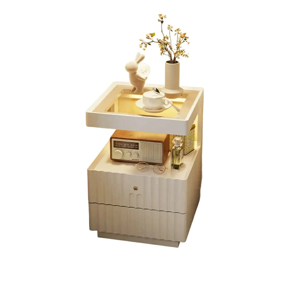 LIVARA Wooden Bedside Table - Lockable Drawer with Motion Sensor LED Light, 40cm Storage Nightstand for Bedroom - White