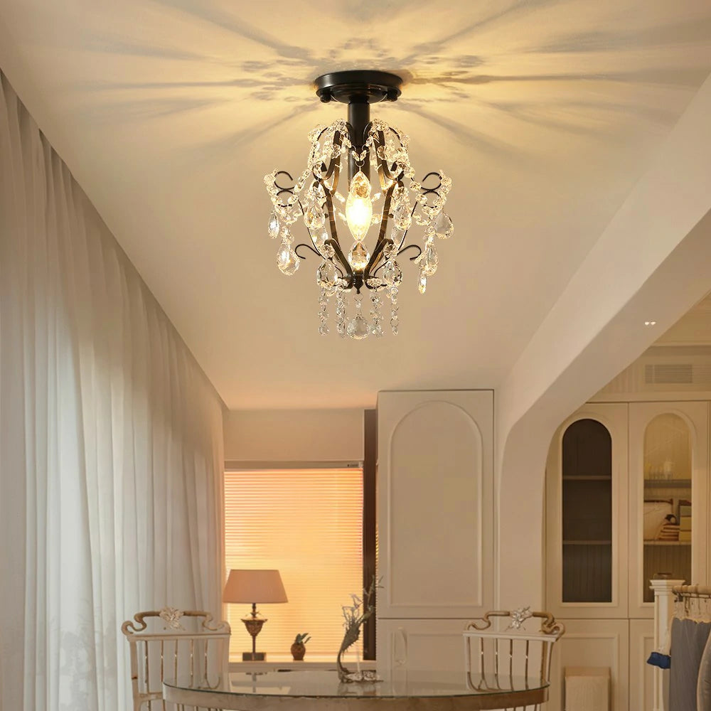 LIVARA Crystal Ceiling Light, E14 LED Flush Mount Lamp with Iron Frame & Hanging Crystal Pendants for Hallway Living Room Bedroom - Black