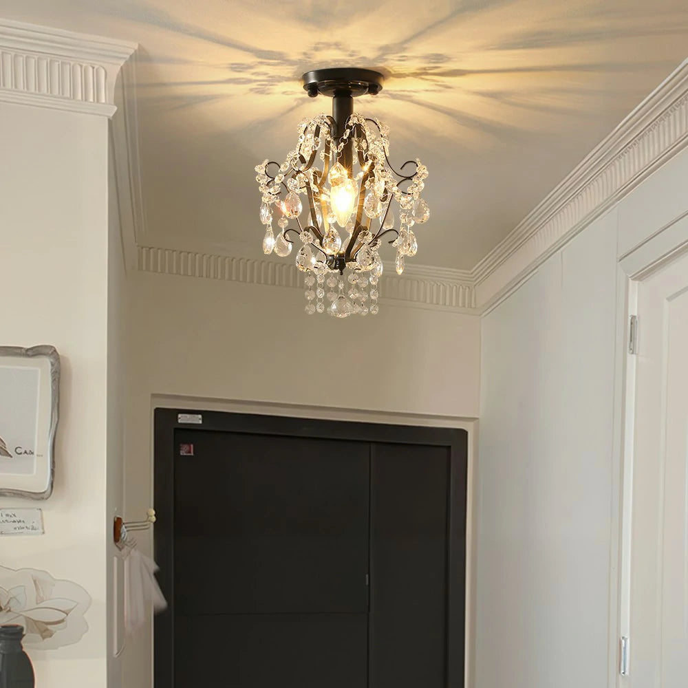 LIVARA Crystal Ceiling Light, E14 LED Flush Mount Lamp with Iron Frame & Hanging Crystal Pendants for Hallway Living Room Bedroom - Black