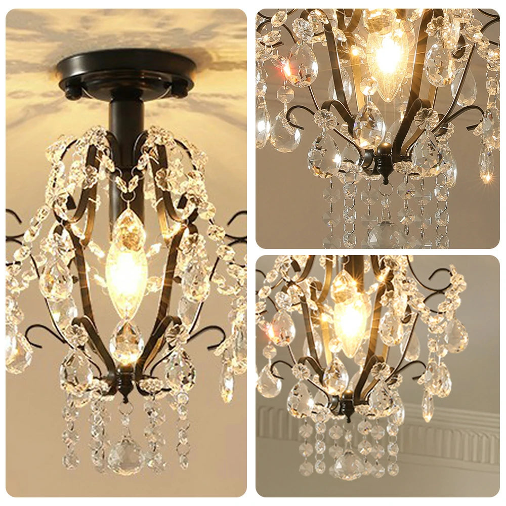 LIVARA Crystal Ceiling Light, E14 LED Flush Mount Lamp with Iron Frame & Hanging Crystal Pendants for Hallway Living Room Bedroom - Black