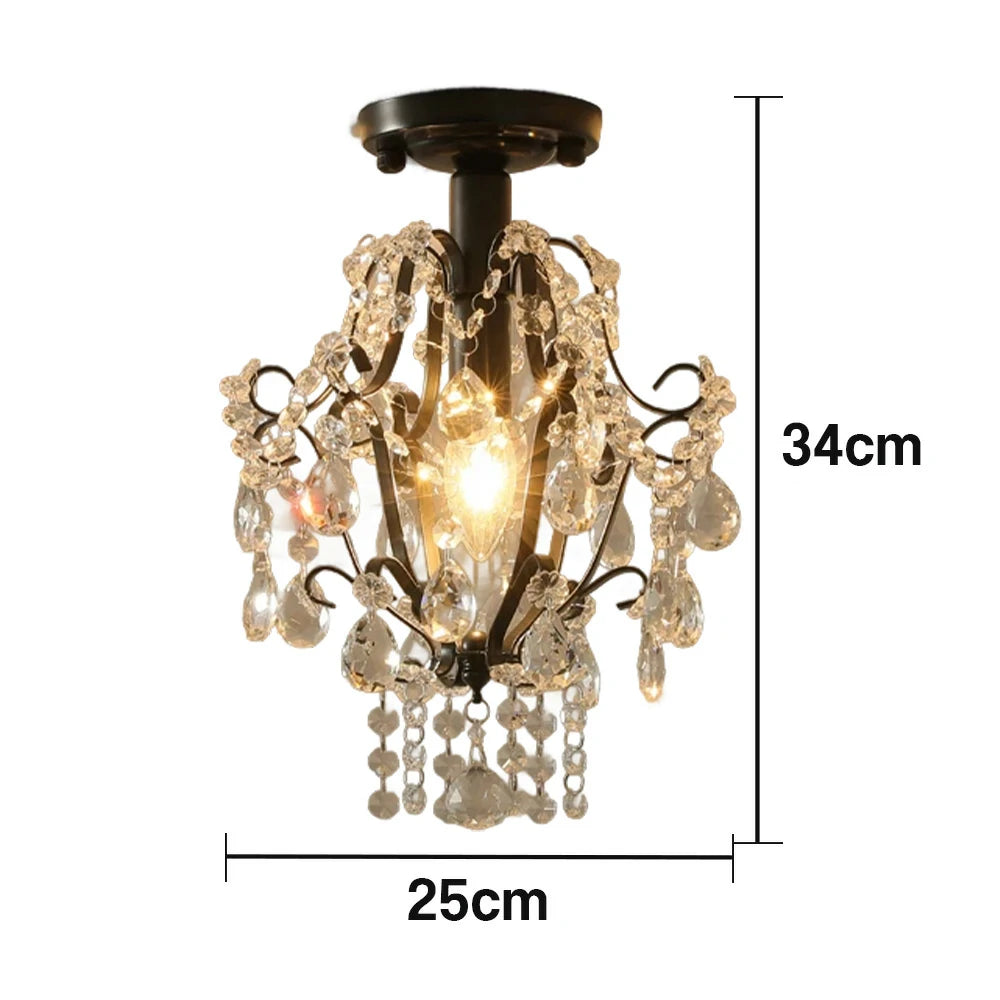 LIVARA Crystal Ceiling Light, E14 LED Flush Mount Lamp with Iron Frame & Hanging Crystal Pendants for Hallway Living Room Bedroom - Black