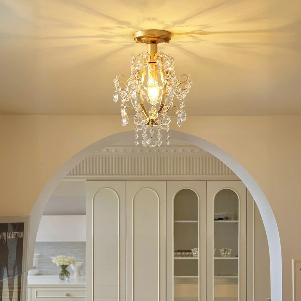 LIVARA Crystal Ceiling Light, E14 LED Flush Mount Lamp with Iron Frame & Hanging Crystal Pendants for Hallway Living Room Bedroom - Gold