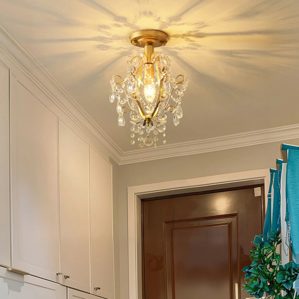 LIVARA Crystal Ceiling Light, E14 LED Flush Mount Lamp with Iron Frame & Hanging Crystal Pendants for Hallway Living Room Bedroom - Gold