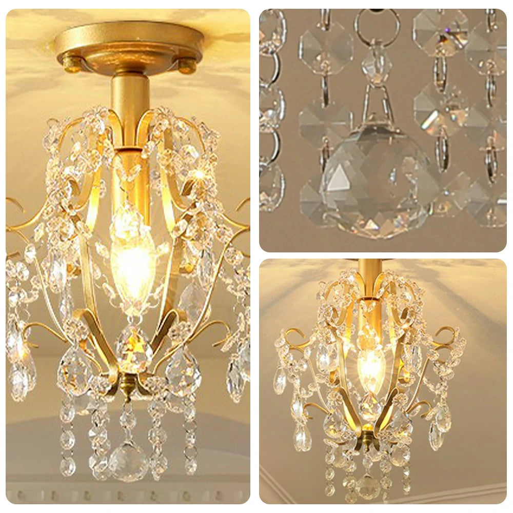 LIVARA Crystal Ceiling Light, E14 LED Flush Mount Lamp with Iron Frame & Hanging Crystal Pendants for Hallway Living Room Bedroom - Gold
