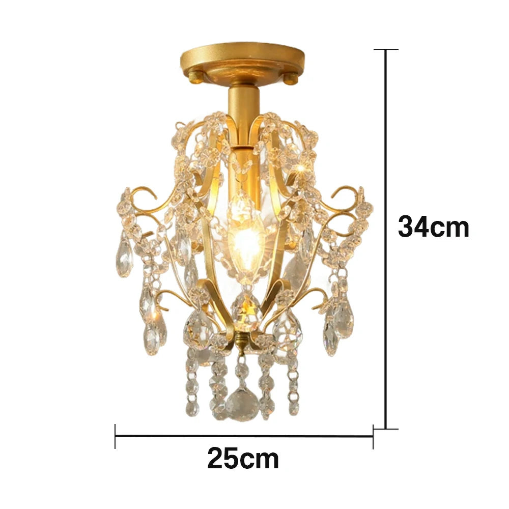 LIVARA Crystal Ceiling Light, E14 LED Flush Mount Lamp with Iron Frame & Hanging Crystal Pendants for Hallway Living Room Bedroom - Gold