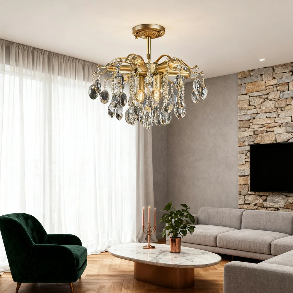 LIVARA Gold Crystal Chandelier 40/50/65cm Warm Light, E14 LED Pendant Light with Iron Frame & Sparkling Crystal Drops for Living Room Bedroom