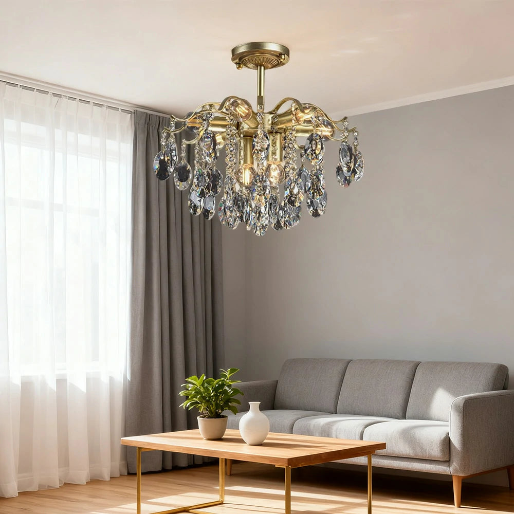 LIVARA Gold Crystal Chandelier 40/50/65cm Warm Light, E14 LED Pendant Light with Iron Frame & Sparkling Crystal Drops for Living Room Bedroom