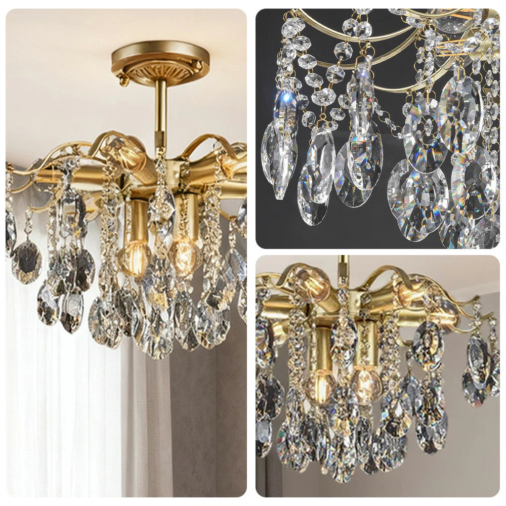 LIVARA Gold Crystal Chandelier 40/50/65cm Warm Light, E14 LED Pendant Light with Iron Frame & Sparkling Crystal Drops for Living Room Bedroom
