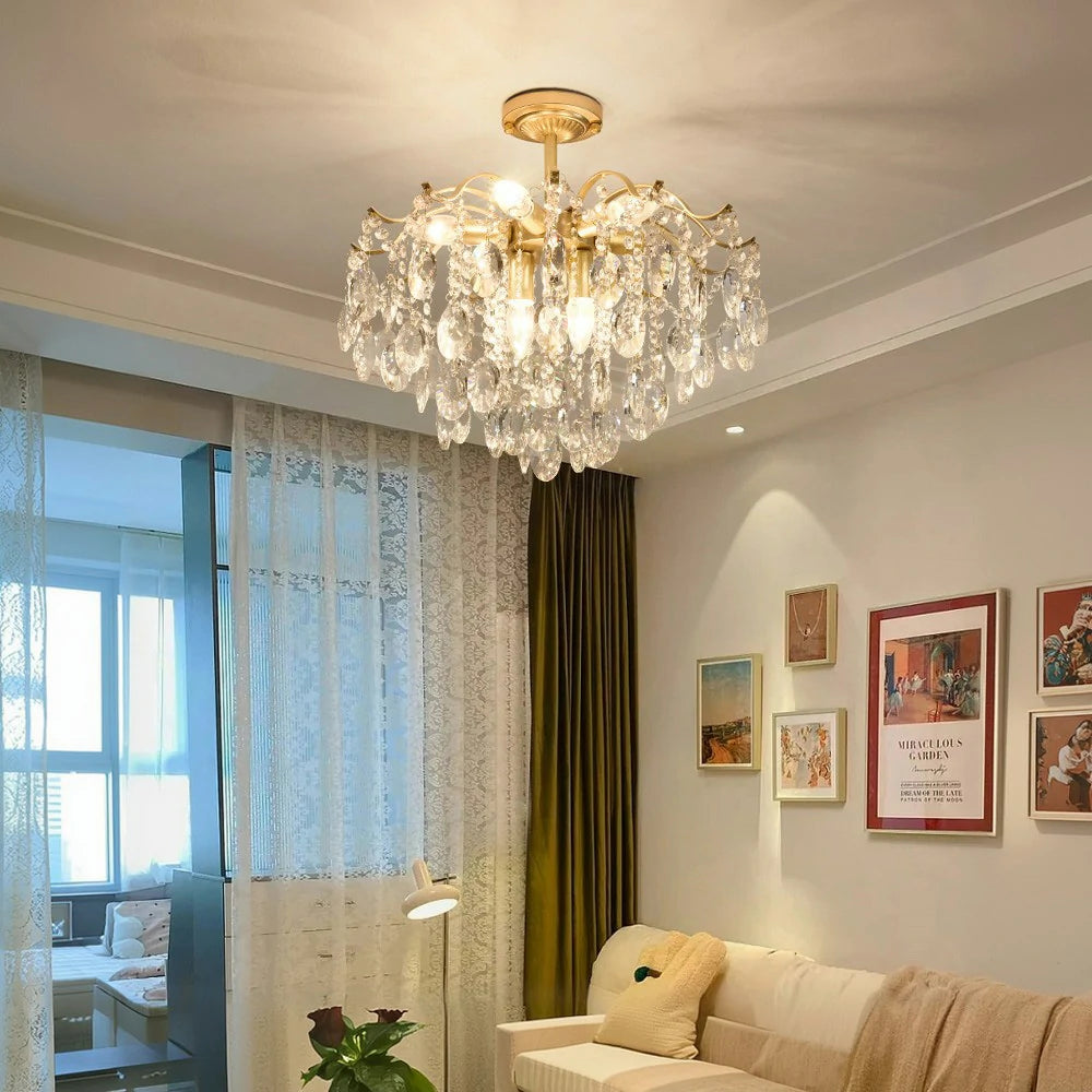 LIVARA Gold Crystal Chandelier 40/50/65cm Warm Light, E14 LED Pendant Light with Iron Frame & Sparkling Crystal Drops for Living Room Bedroom