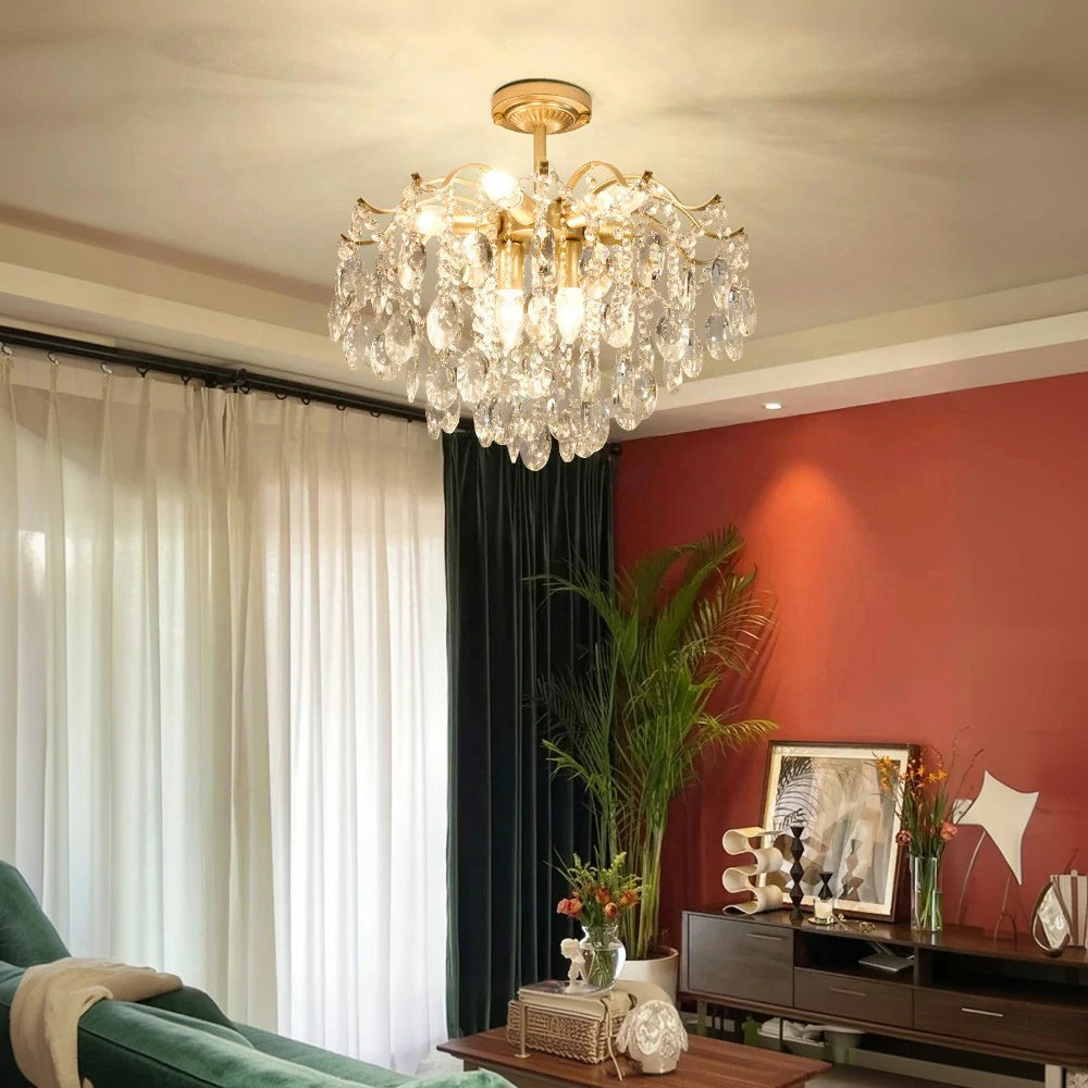 LIVARA Gold Crystal Chandelier 40/50/65cm Warm Light, E14 LED Pendant Light with Iron Frame & Sparkling Crystal Drops for Living Room Bedroom