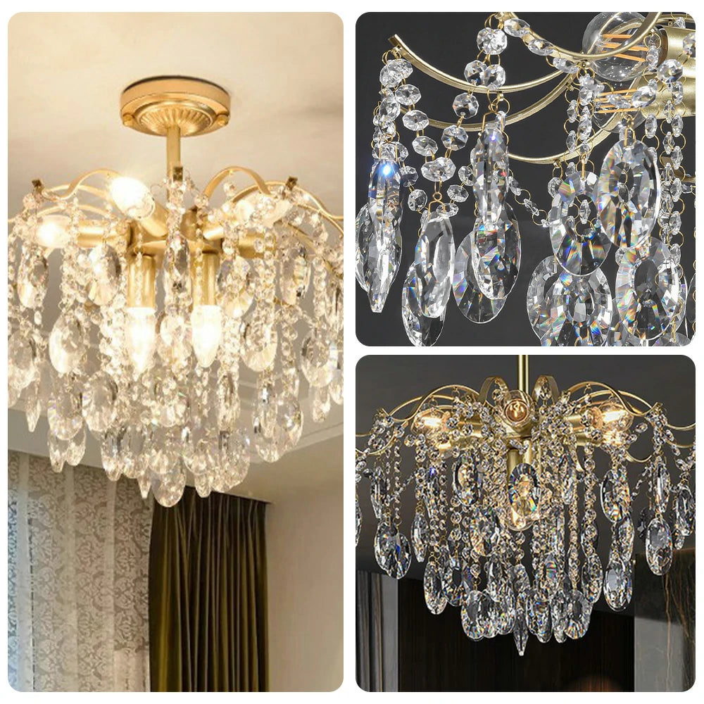 LIVARA Gold Crystal Chandelier 40/50/65cm Warm Light, E14 LED Pendant Light with Iron Frame & Sparkling Crystal Drops for Living Room Bedroom