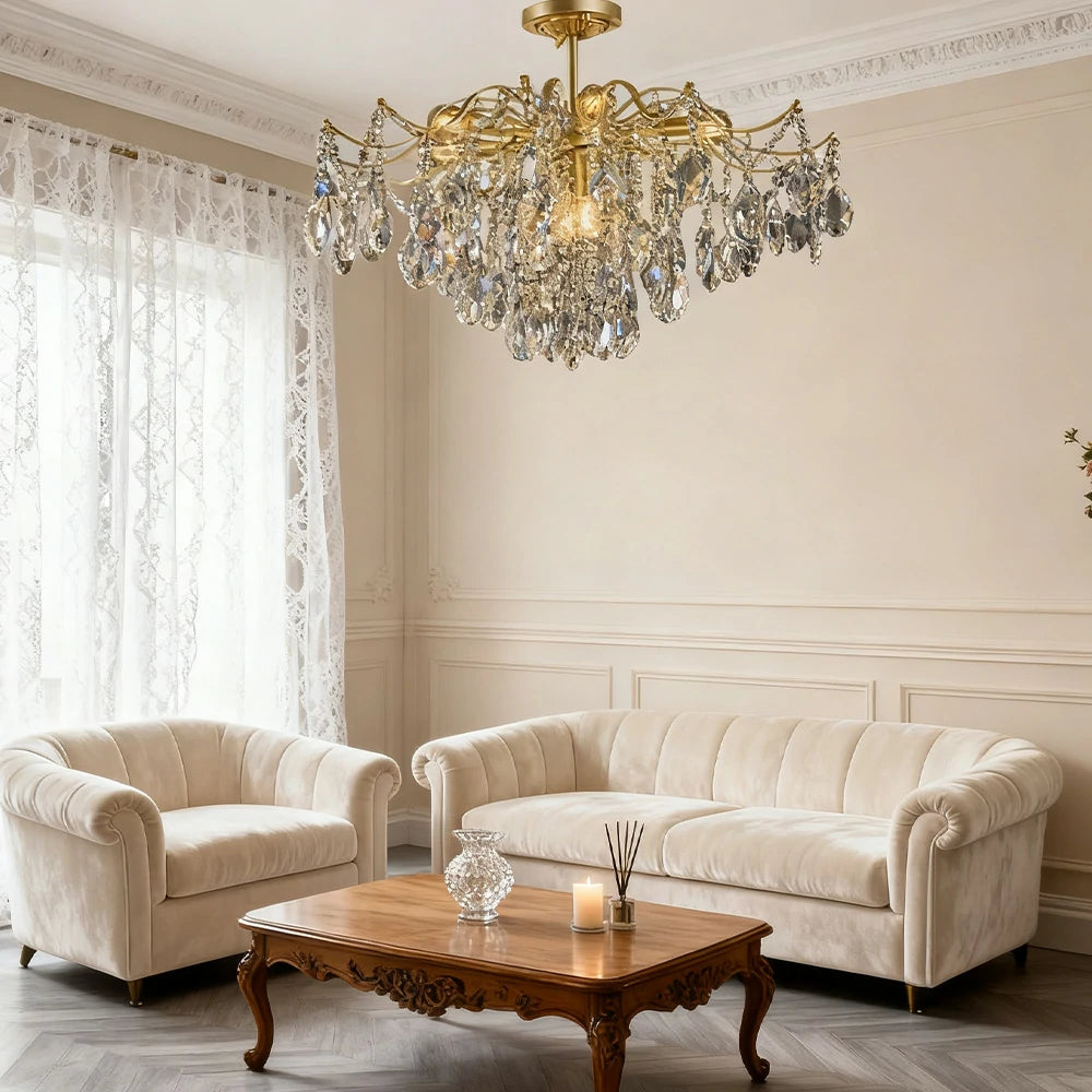 LIVARA Gold Crystal Chandelier 40/50/65cm Warm Light, E14 LED Pendant Light with Iron Frame & Sparkling Crystal Drops for Living Room Bedroom