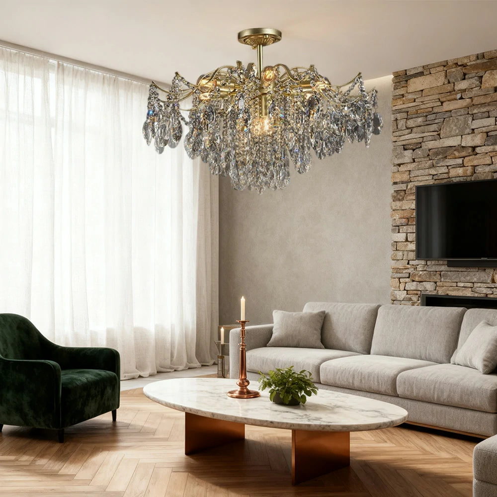 LIVARA Gold Crystal Chandelier 40/50/65cm Warm Light, E14 LED Pendant Light with Iron Frame & Sparkling Crystal Drops for Living Room Bedroom