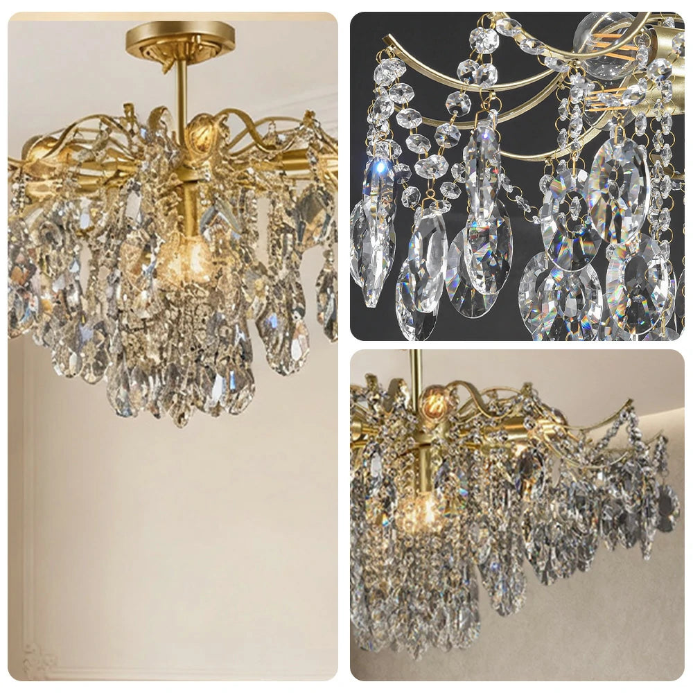 LIVARA Gold Crystal Chandelier 40/50/65cm Warm Light, E14 LED Pendant Light with Iron Frame & Sparkling Crystal Drops for Living Room Bedroom