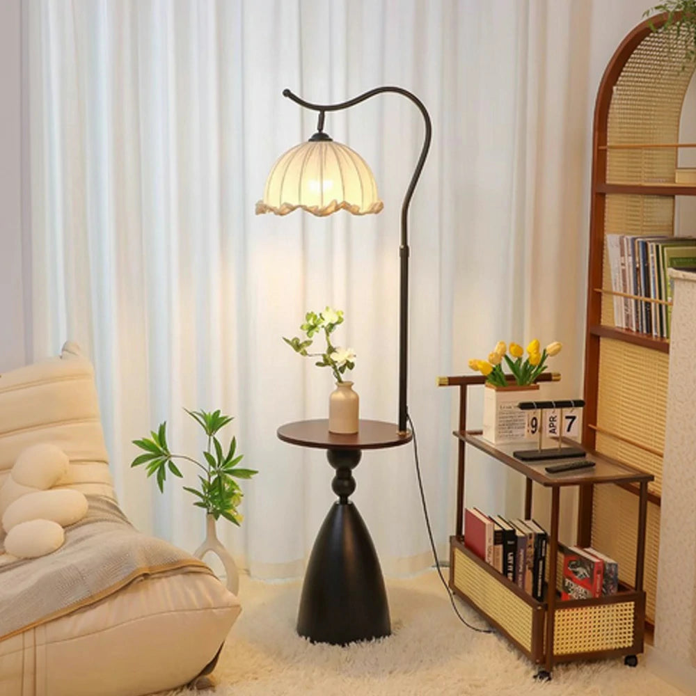 LIVARA Floor Lamp 3 Lighting Modes Lily of the Valley Shade Cotton-Linen Shade Walnut Wood Base Foot Switch