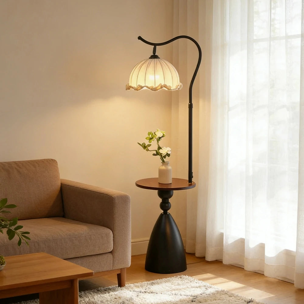 LIVARA Floor Lamp 3 Lighting Modes Lily of the Valley Shade Cotton-Linen Shade Walnut Wood Base Foot Switch