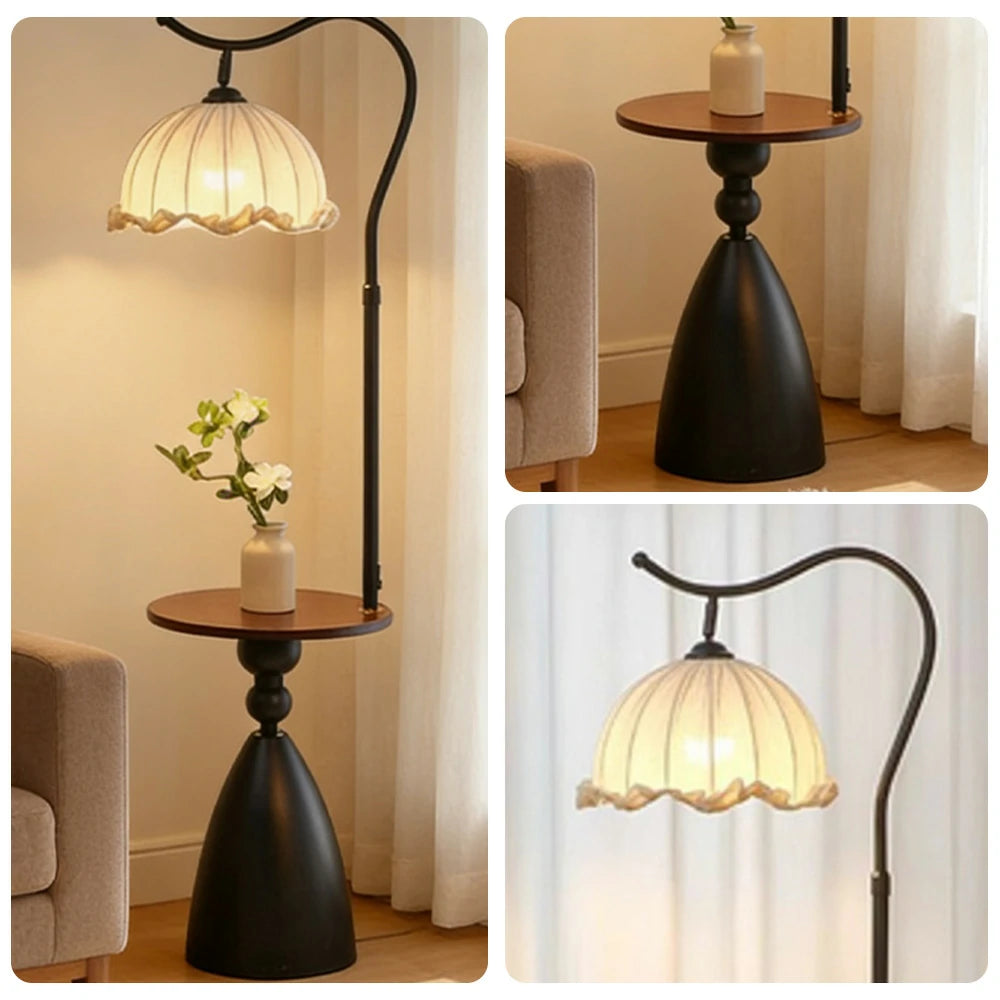LIVARA Floor Lamp 3 Lighting Modes Lily of the Valley Shade Cotton-Linen Shade Walnut Wood Base Foot Switch