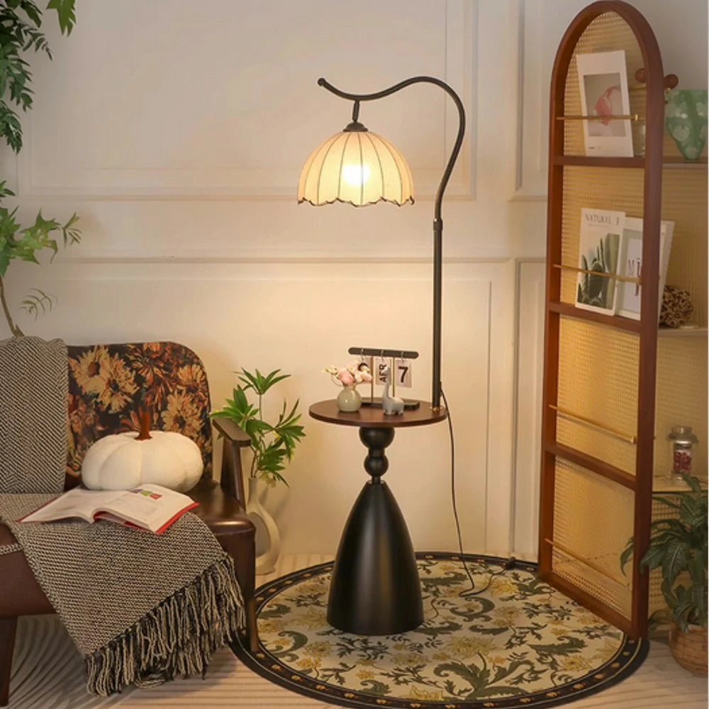 LIVARA Floor Lamp 3 Lighting Modes Lily Shade Cotton-Linen Shade Walnut Wood Base Foot Switch