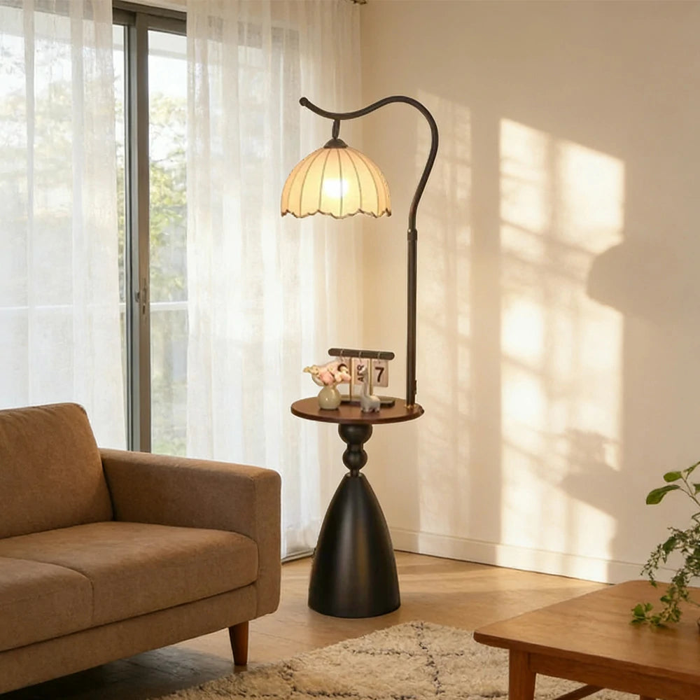 LIVARA Floor Lamp 3 Lighting Modes Lily Shade Cotton-Linen Shade Walnut Wood Base Foot Switch