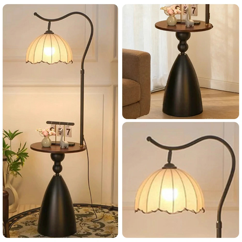 LIVARA Floor Lamp 3 Lighting Modes Lily Shade Cotton-Linen Shade Walnut Wood Base Foot Switch