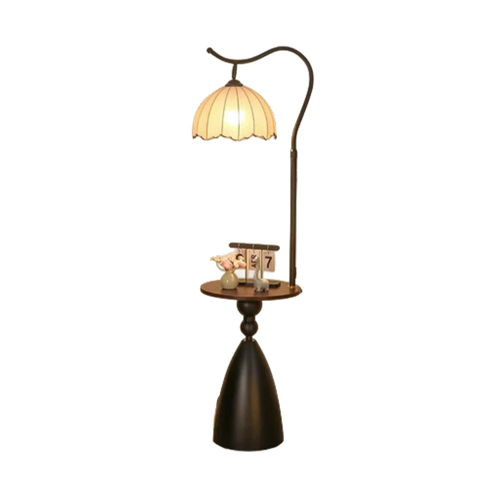 LIVARA Floor Lamp 3 Lighting Modes Lily Shade Cotton-Linen Shade Walnut Wood Base Foot Switch