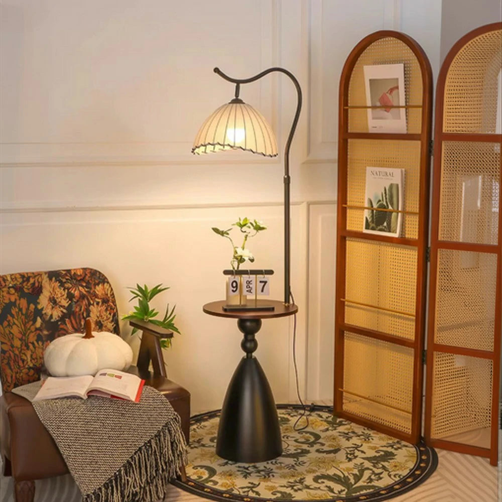 LIVARA Floor Lamp 3 Lighting Modes Ingot Shade Cotton-Linen Shade Walnut Wood Base Foot Switch
