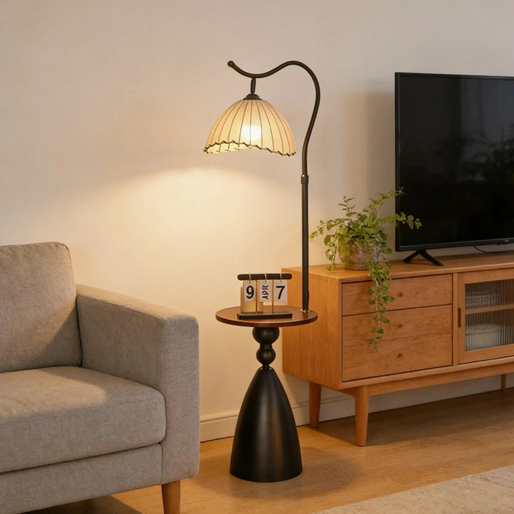 LIVARA Floor Lamp 3 Lighting Modes Ingot Shade Cotton-Linen Shade Walnut Wood Base Foot Switch