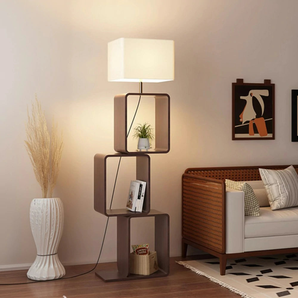 LIVARA Floor Lamp 3 Lighting Modes Fabric Shade Iron Base with Wood Top Foot Switch and Storage Shelf - Walnut
