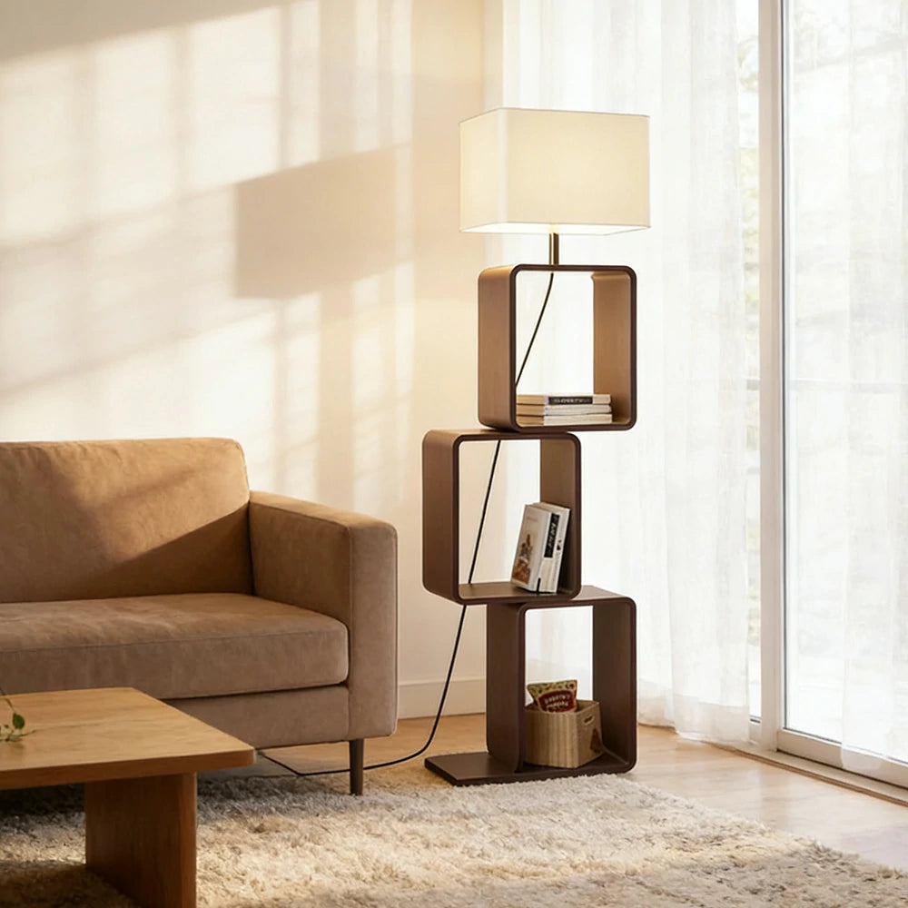 LIVARA Floor Lamp 3 Lighting Modes Fabric Shade Iron Base with Wood Top Foot Switch and Storage Shelf - Walnut