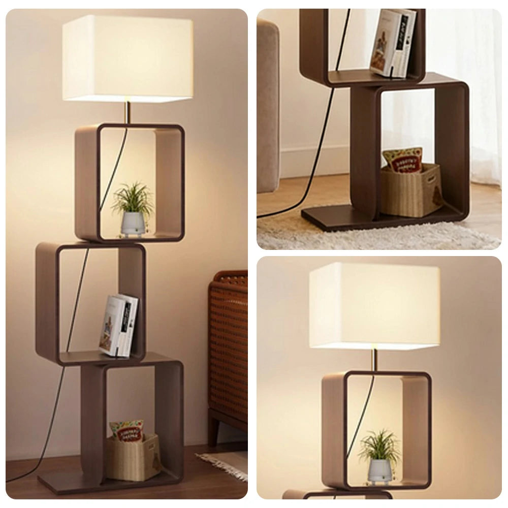 LIVARA Floor Lamp 3 Lighting Modes Fabric Shade Iron Base with Wood Top Foot Switch and Storage Shelf - Walnut