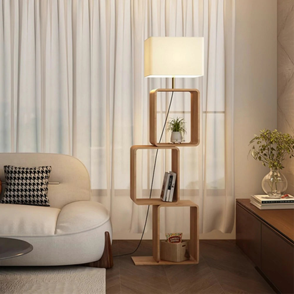 LIVARA Floor Lamp 3 Lighting Modes Fabric Shade Iron Base with Wood Top Foot Switch and Storage Shelf - Wood