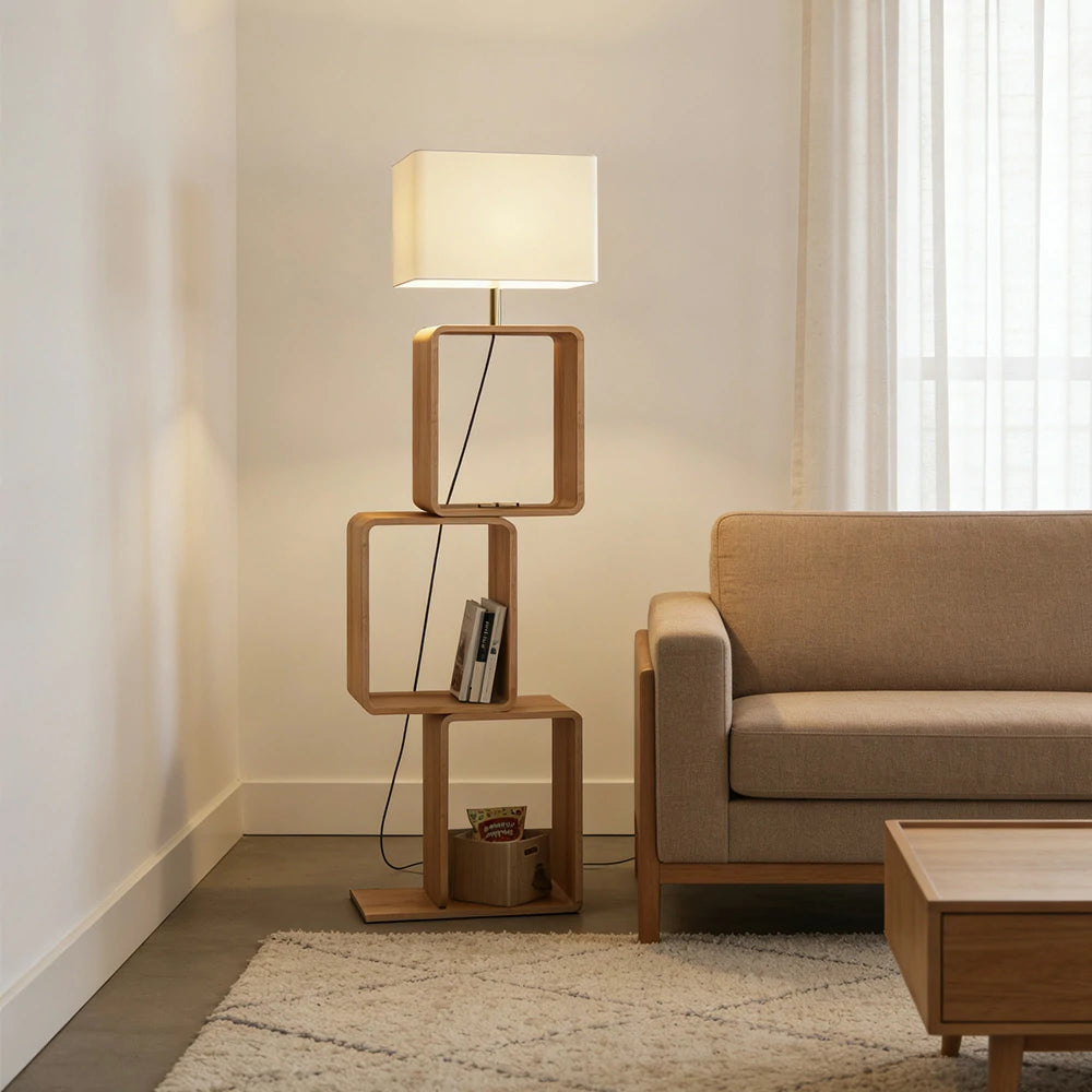 LIVARA Floor Lamp 3 Lighting Modes Fabric Shade Iron Base with Wood Top Foot Switch and Storage Shelf - Wood