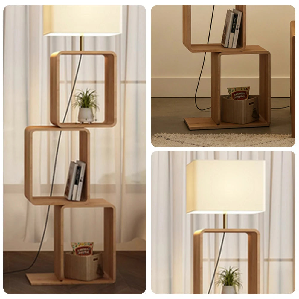 LIVARA Floor Lamp 3 Lighting Modes Fabric Shade Iron Base with Wood Top Foot Switch and Storage Shelf - Wood