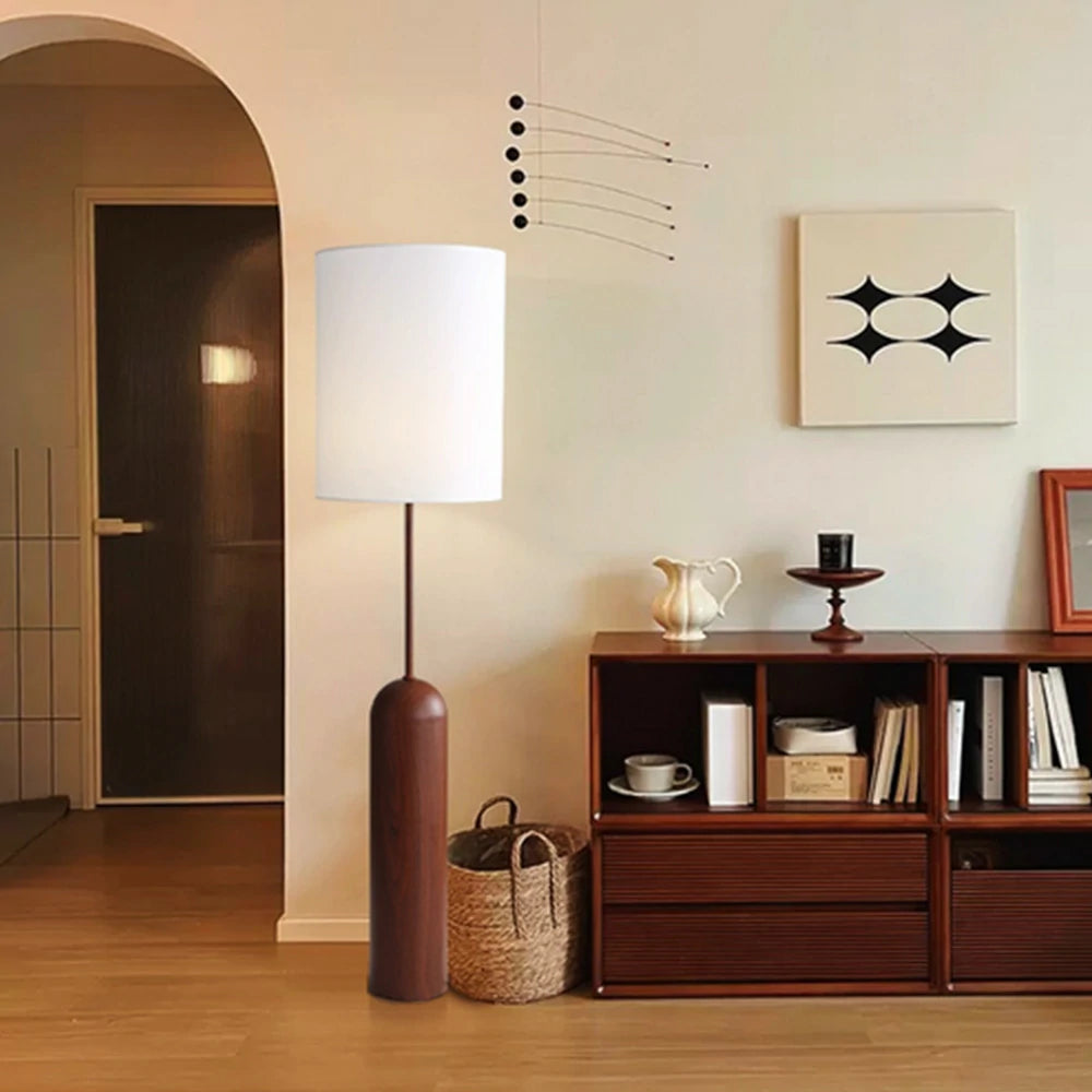 LIVARA Floor Lamp 3 Lighting Modes Linen Shade Water Transfer Texture Walnut Wood Base Foot Switch