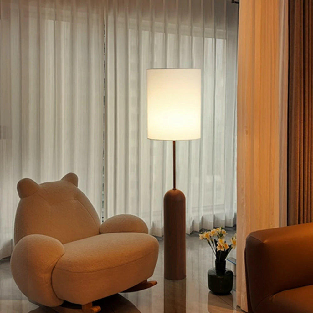 LIVARA Floor Lamp 3 Lighting Modes Linen Shade Water Transfer Texture Walnut Wood Base Foot Switch