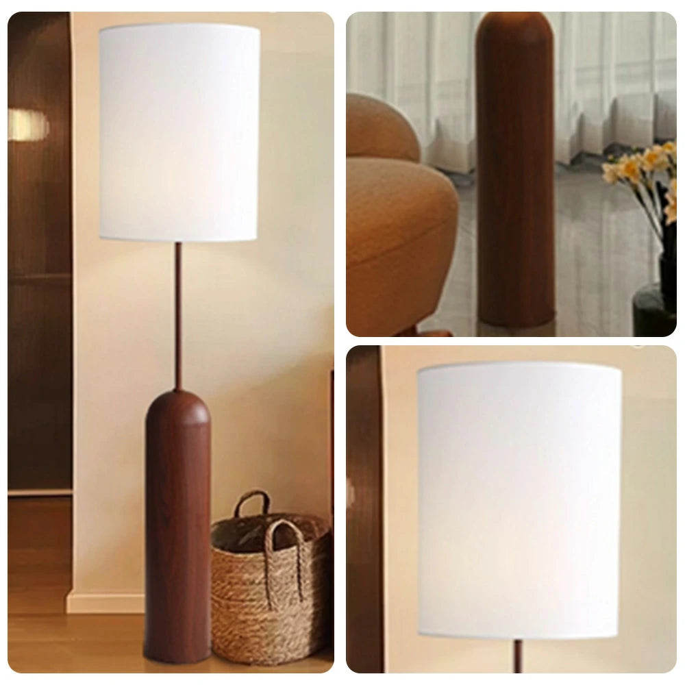 LIVARA Floor Lamp 3 Lighting Modes Linen Shade Water Transfer Texture Walnut Wood Base Foot Switch