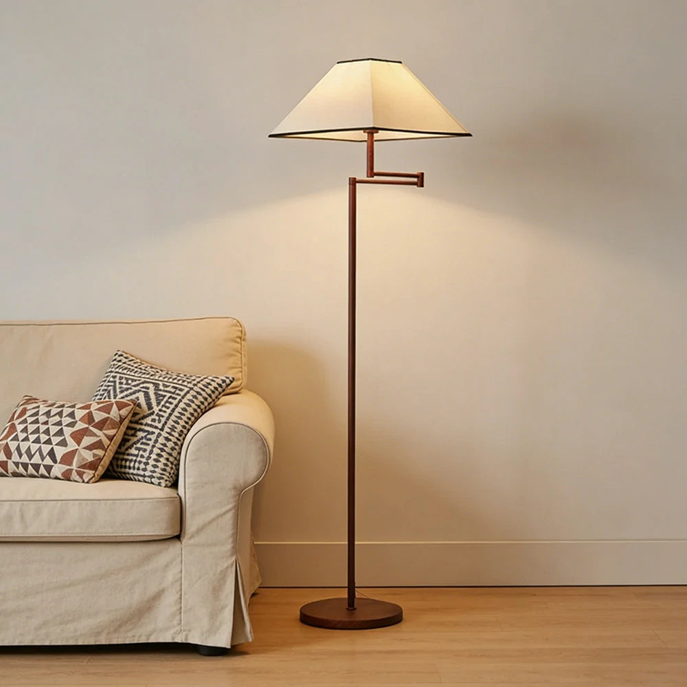 LIVARA Floor Lamp 3 Lighting Modes Fabric Shade Water Transfer Wood Texture Iron Base Rotatable Arm