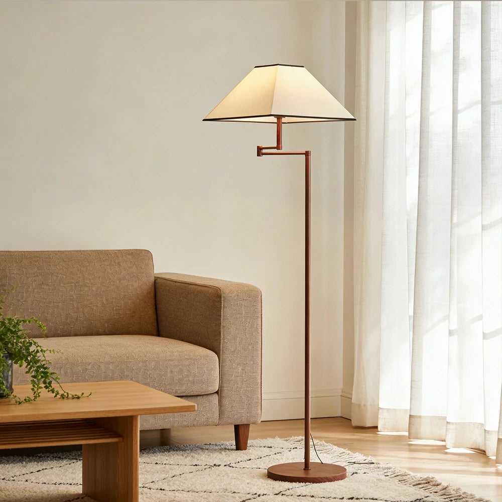 LIVARA Floor Lamp 3 Lighting Modes Fabric Shade Water Transfer Wood Texture Iron Base Rotatable Arm