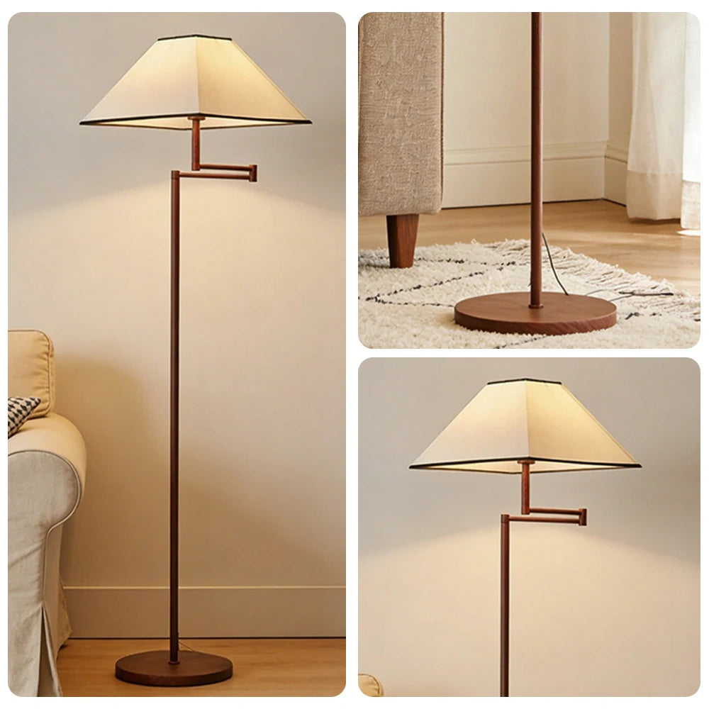 LIVARA Floor Lamp 3 Lighting Modes Fabric Shade Water Transfer Wood Texture Iron Base Rotatable Arm